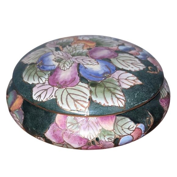 Vtg Andrea by Sadek Porcelain Painted Floral Cloisonne-Look Large Trinket Box - Picture 1 of 6